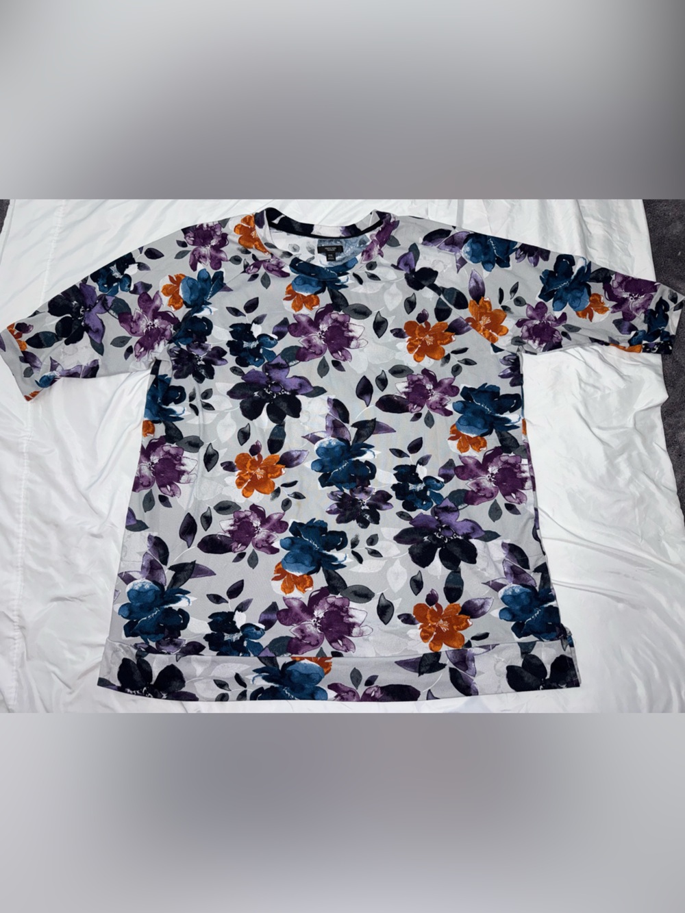 Floral Long Sleeve Tee in Gray with Purple, Blue & Orange Flowers